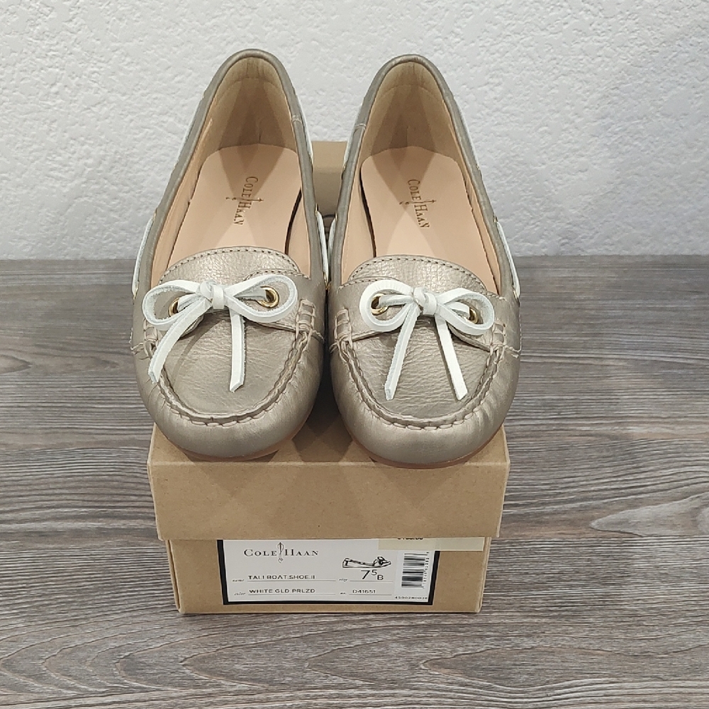 New Cole Haan Gold Metallic Leather Tali Boat Shoe II Size 7.5